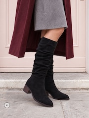 Novo Black Wide Fit Gail Almond Toe Flat Ruched Knee Boots - Image 1 of 6