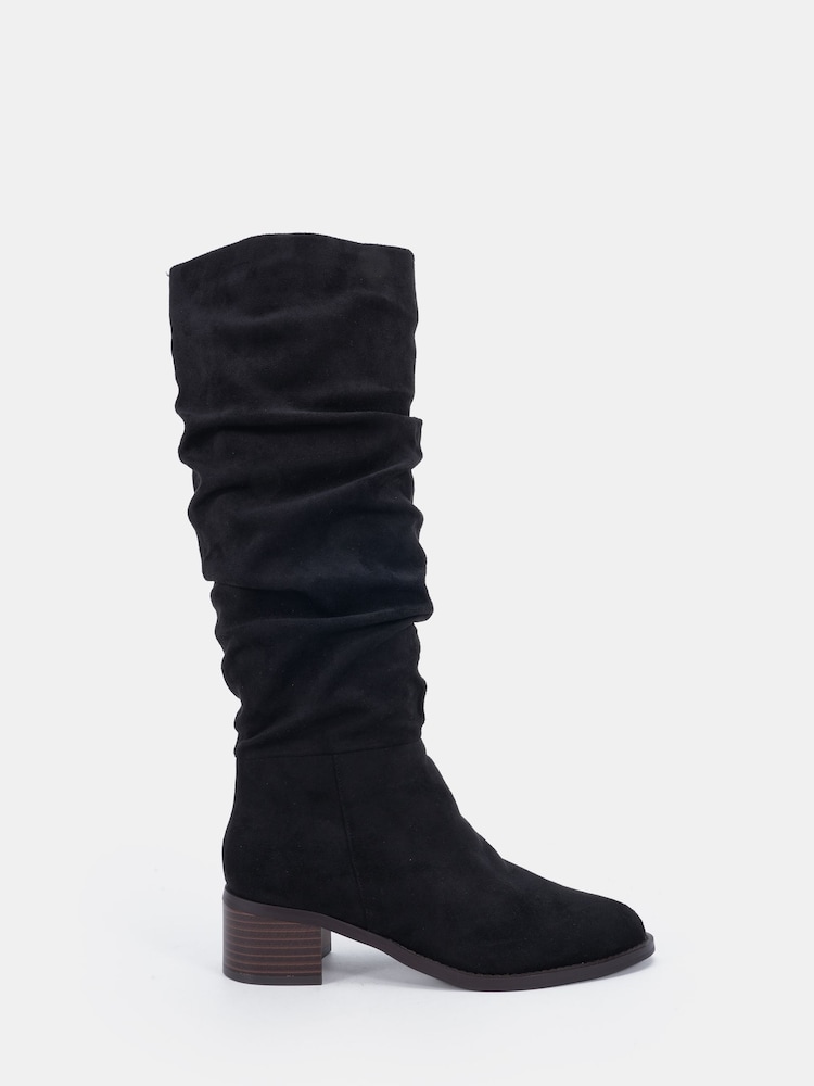 Novo Black Wide Fit Gail Almond Toe Flat Ruched Knee Boots - Image 2 of 6 Novo Black Wide Fit Gail Almond Toe Flat Ruched Knee Boots - Image 2 of 6