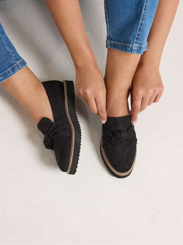 Yours Curve Black Wide Fit Faux Suede Knotted Loafers - Image 1 of 5