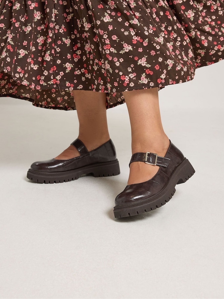 Yours Curve Brown Wide Fit Chunky Mary Janes Shoes - Image 1 of 5 Yours Curve Brown Wide Fit Chunky Mary Janes Shoes - Image 1 of 5