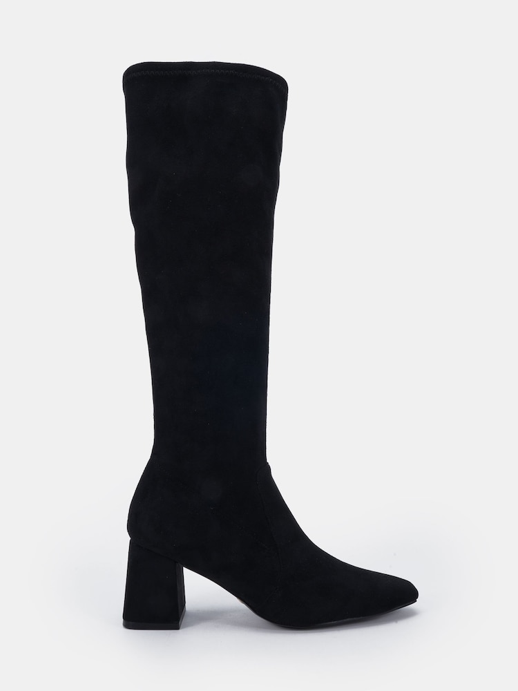Novo Black Wide Fit Gina Block Heel Chisel Toe Stretch Knee Boots - Image 2 of 6