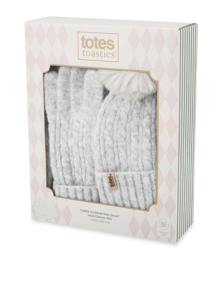 Totes Grey Cable Knitted Hat, Scarf & Gloves Set - Image 2 of 5 Totes Grey Cable Knitted Hat, Scarf & Gloves Set - Image 2 of 5
