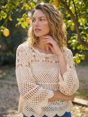 Roman Natural Crochet Knit Flared Sleeve Top - Image 1 of 4