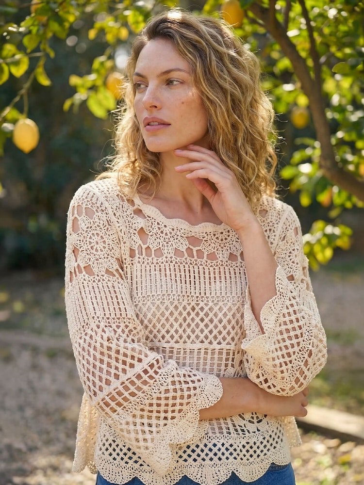 Roman Natural Crochet Knit Flared Sleeve Top - Image 1 of 4
