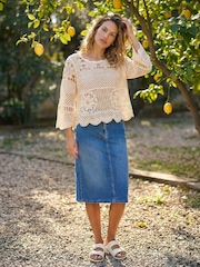 Roman Natural Crochet Knit Flared Sleeve Top - Image 2 of 4