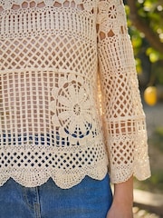 Roman Natural Crochet Knit Flared Sleeve Top - Image 4 of 4