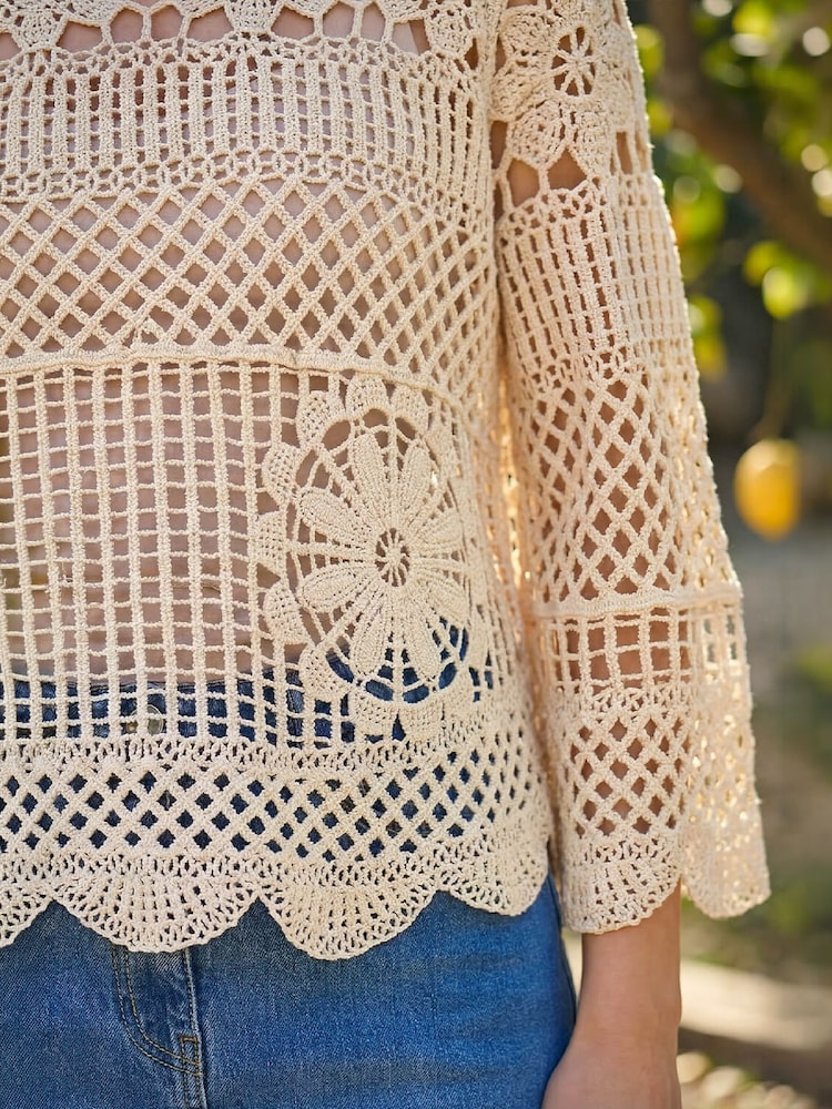 Roman Natural Crochet Knit Flared Sleeve Top - Image 4 of 4