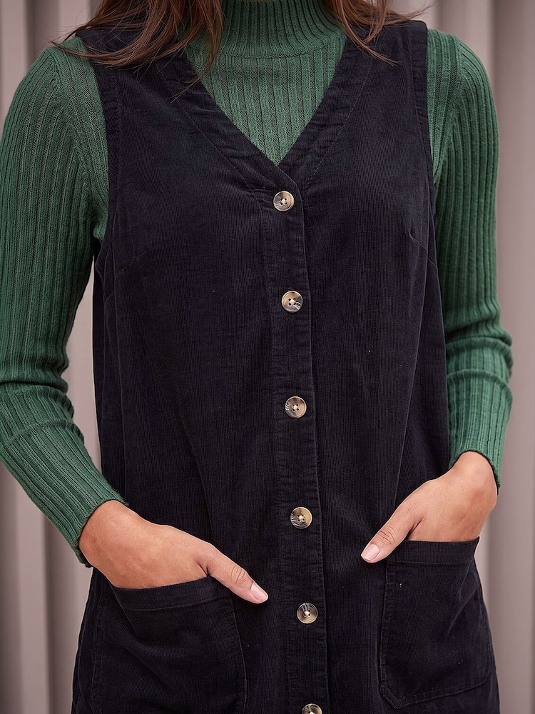 Roman Black Cotton V-Neck Button Pocket Dress - Image 4 of 4 Roman Black Cotton V-Neck Button Pocket Dress - Image 4 of 4