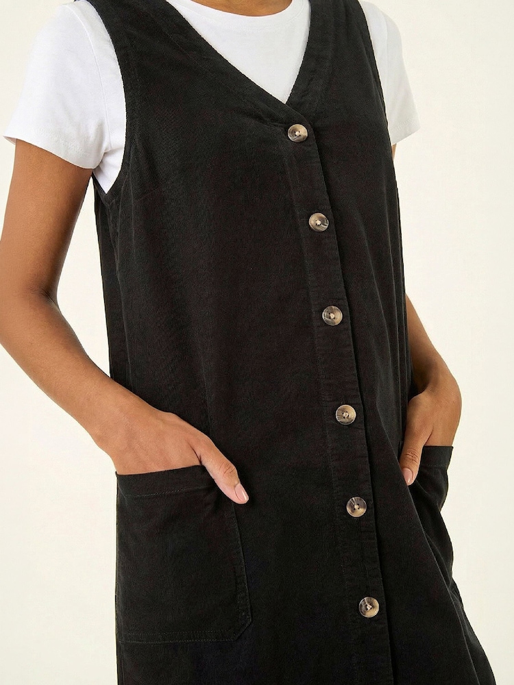 Roman Black Cotton V-Neck Button Pocket Dress - Image 6 of 6 Roman Black Cotton V-Neck Button Pocket Dress - Image 6 of 6