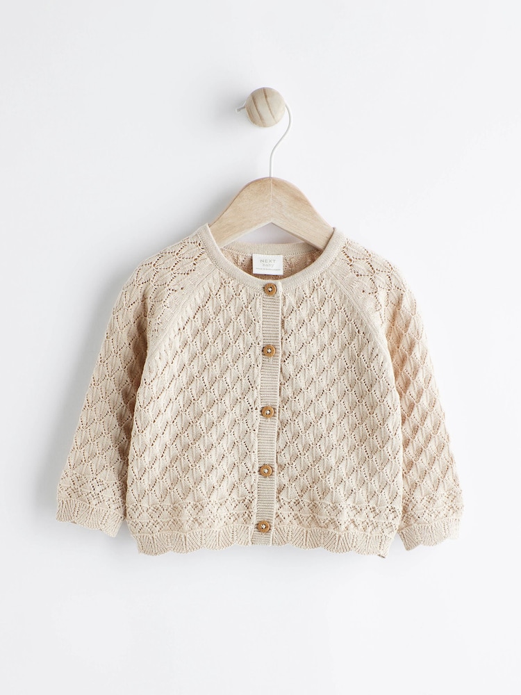 Neutral Baby Pointelle 100% Cotton Knitted Cardigan (0mths-2yrs) - Image 1 of 7 Neutral Baby Pointelle 100% Cotton Knitted Cardigan (0mths-2yrs) - Image 1 of 7