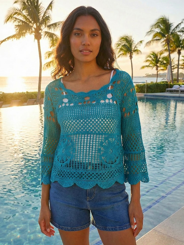 Roman Blue Crochet Knit Flared Sleeve Top - Image 2 of 4