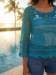 Roman Blue Crochet Knit Flared Sleeve Top - Image 4 of 4