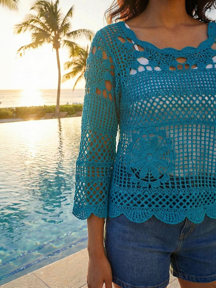 Roman Blue Crochet Knit Flared Sleeve Top - Image 4 of 4