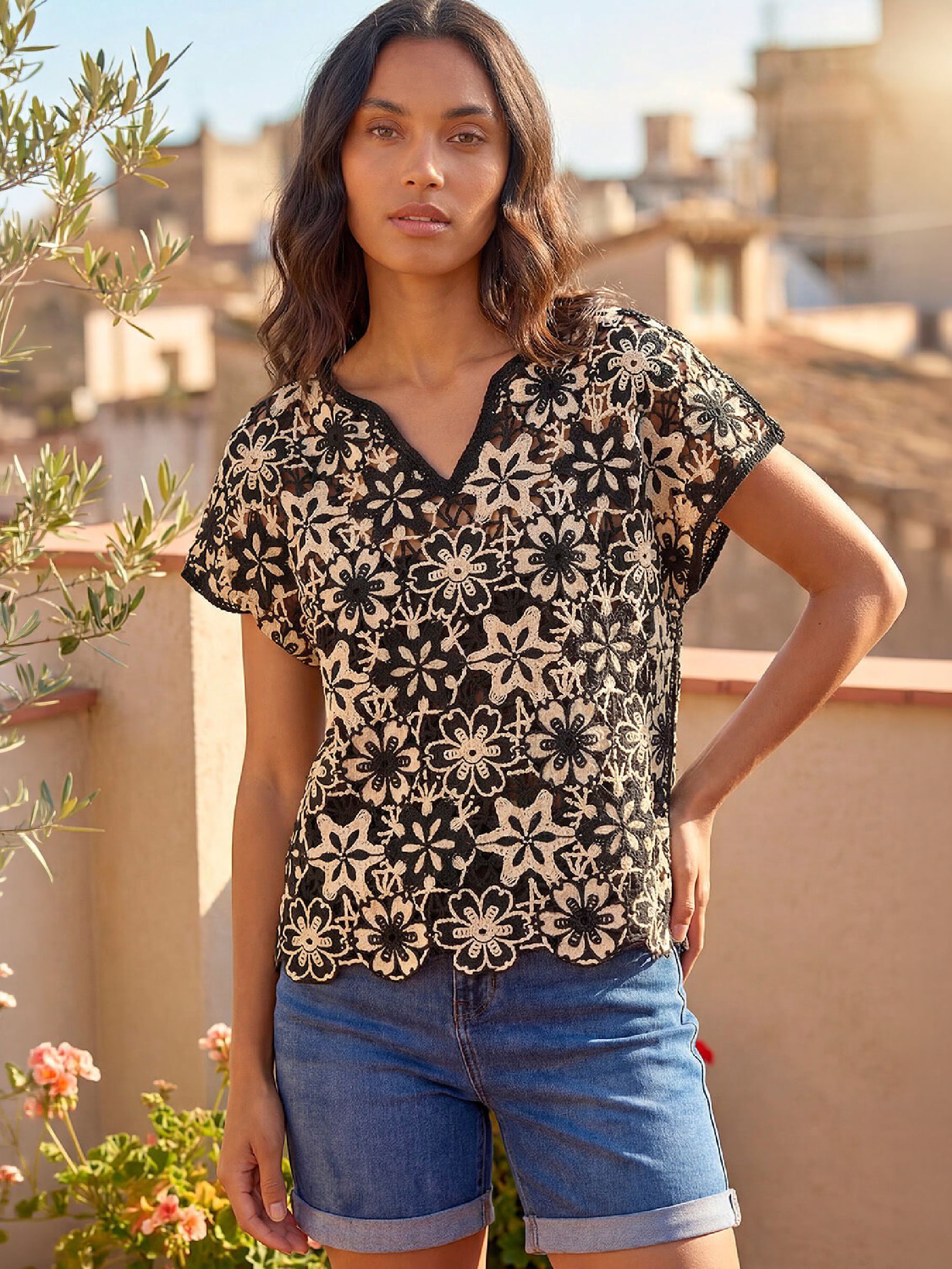 Roman Black Floral Crochet Knit Top - Image 3