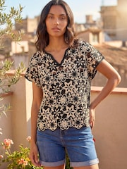 Roman Black Floral Crochet Knit Top - Image 1 of 4