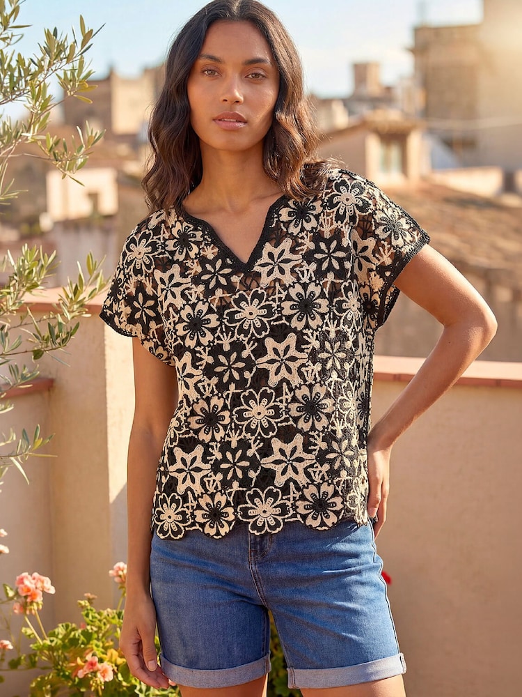 Roman Black Floral Crochet Knit Top - Image 1 of 4 Roman Black Floral Crochet Knit Top - Image 1 of 4