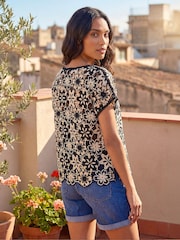 Roman Black Floral Crochet Knit Top - Image 2 of 4
