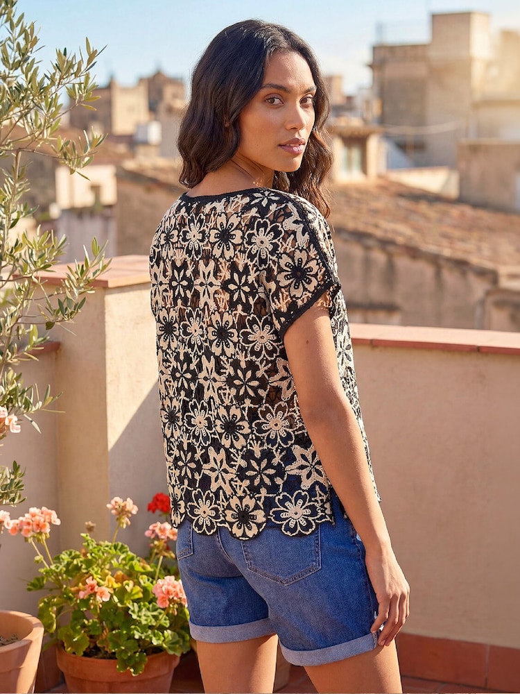 Roman Black Floral Crochet Knit Top - Image 2 of 4 Roman Black Floral Crochet Knit Top - Image 2 of 4