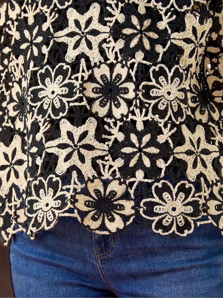 Roman Black Floral Crochet Knit Top - Image 4 of 4 Roman Black Floral Crochet Knit Top - Image 4 of 4