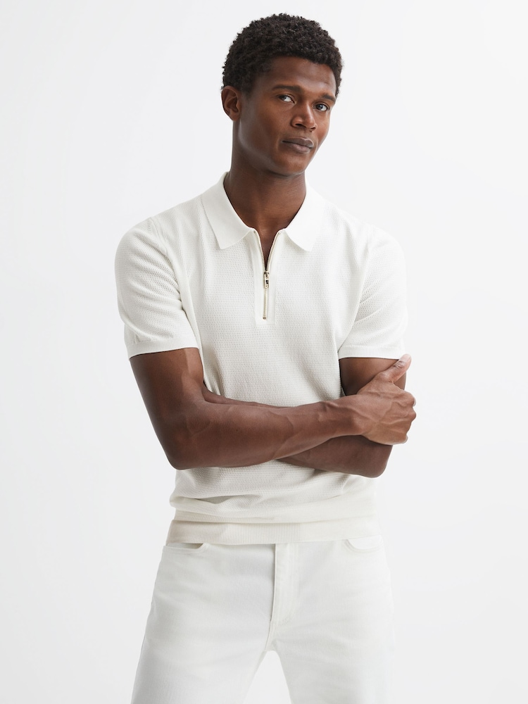 Reiss White Fizz Knitted Half-Zip Polo T-Shirt - Image 1 of 4