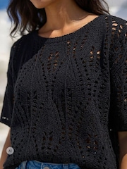 Roman Black Crochet Detail Knit Top - Image 4 of 4
