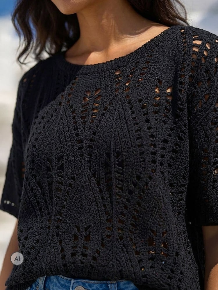 Roman Black Crochet Detail Knit Top - Image 4 of 4 Roman Black Crochet Detail Knit Top - Image 4 of 4