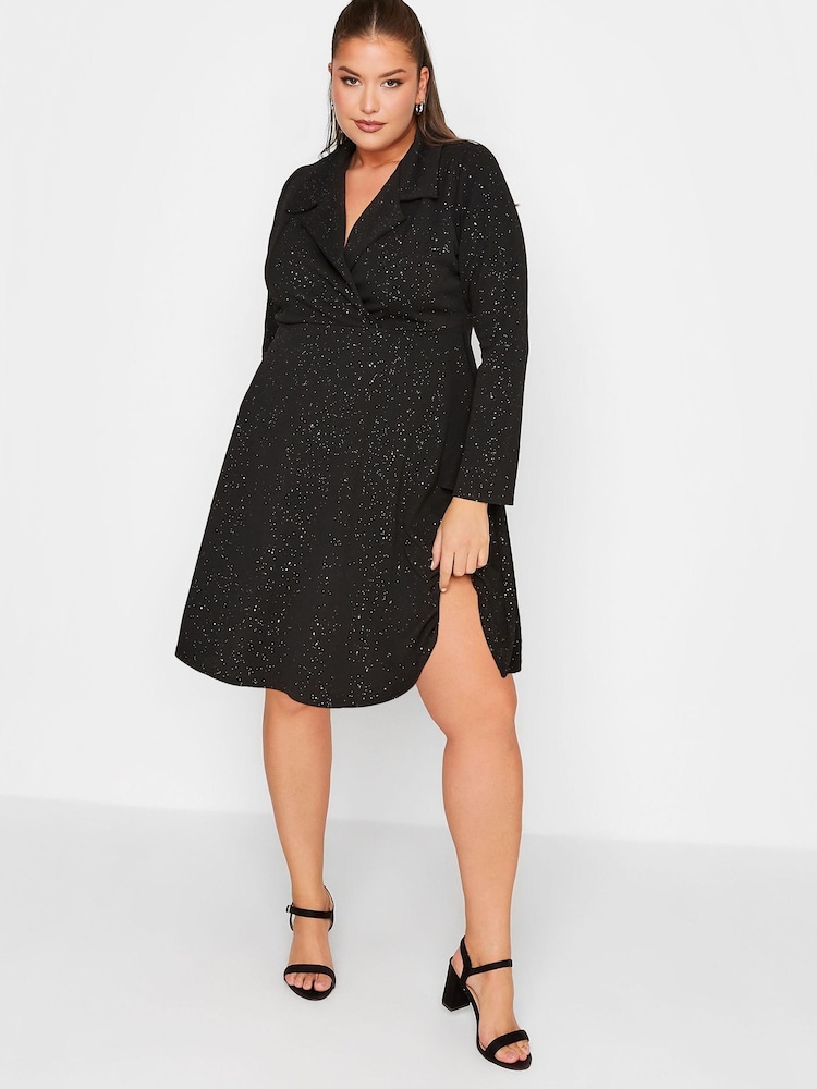 Yours Curve Black Limited Glitter Blazer Dress - Image 1 of 4
