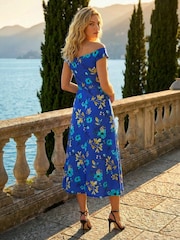 Roman Blue Floral Print Bardot Ruffle Dress - Image 3 of 4