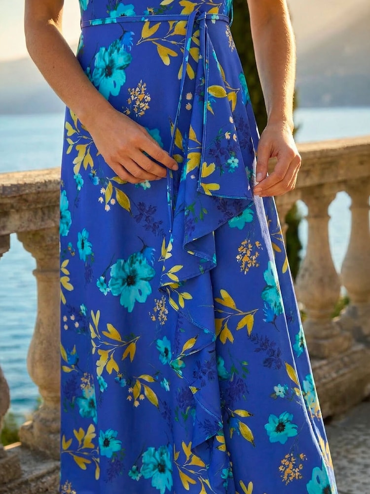Roman Blue Floral Print Bardot Ruffle Dress - Image 4 of 4