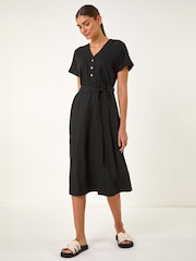 Roman Black Button Linen Mix Midi Dress - Image 1 of 5