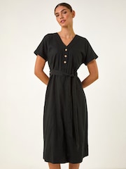 Roman Black Button Linen Mix Midi Dress - Image 2 of 5