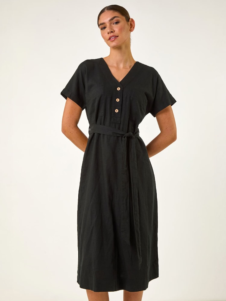 Roman Black Button Linen Mix Midi Dress - Image 2 of 5 Roman Black Button Linen Mix Midi Dress - Image 2 of 5