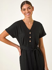 Roman Black Button Linen Mix Midi Dress - Image 4 of 5