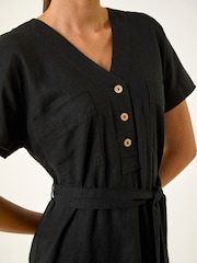 Roman Black Button Linen Mix Midi Dress - Image 5 of 5