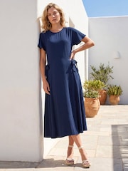 Roman Blue Side Tie Detail Midi Dress - Image 1 of 4