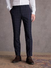 Navy Blue Slim Signature Italian Fabric Check Suit Trousers - Image 1 of 9
