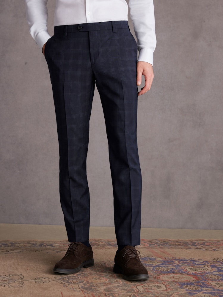 Navy Blue Slim Signature Italian Fabric Check Suit Trousers - Image 1 of 9