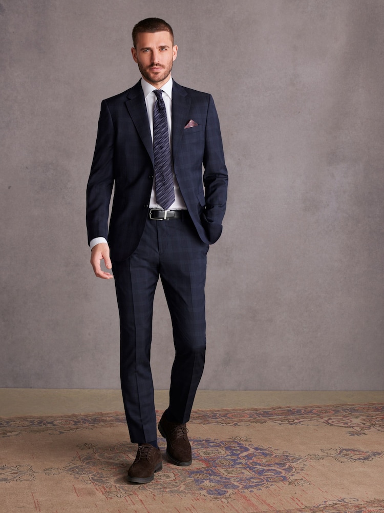 Navy Blue Slim Signature Italian Fabric Check Suit Trousers - Image 2 of 9