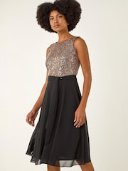 Roman Metallic Sequin Bodice Belted Chiffon Dress - Image 1 of 5