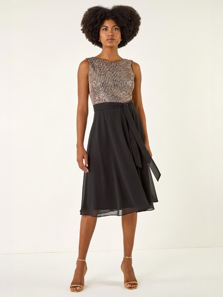 Roman Metallic Sequin Bodice Belted Chiffon Dress - Image 2 of 5