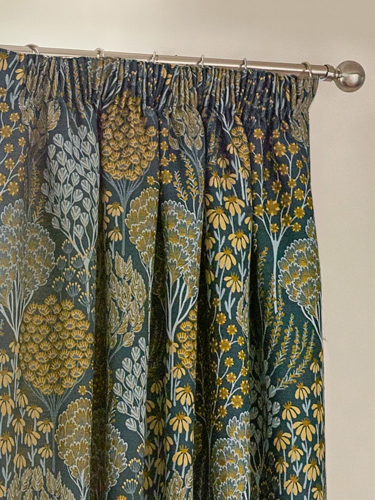 Wylder Blue Saffron Ophelia Floral Jacquard Lined Pencil Pleat Curtains - Image 2 of 5