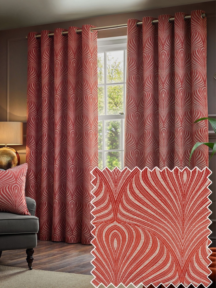 Paoletti Terracotta Gatsby Jacquard Eyelet Curtains - Image 1 of 5