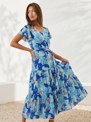 Roman Blue Floral Tiered Tie Waist Midi Dress - Image 1 of 4