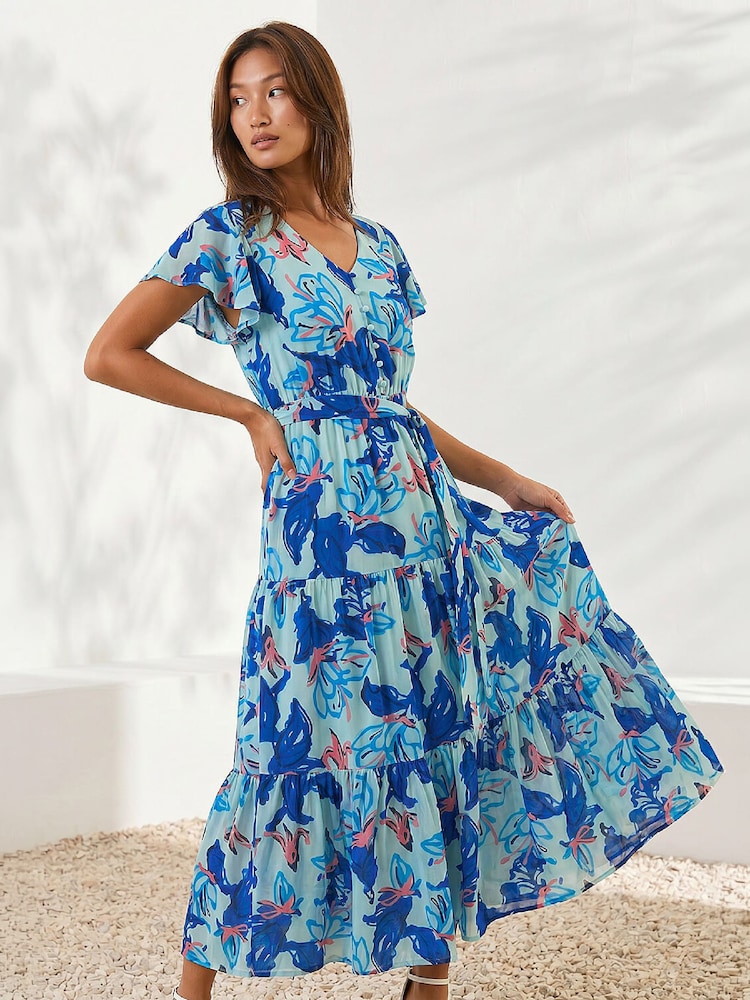 Roman Blue Floral Tiered Tie Waist Midi Dress - Image 1 of 4 Roman Blue Floral Tiered Tie Waist Midi Dress - Image 1 of 4