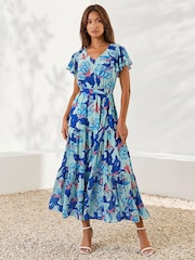 Roman Blue Floral Tiered Tie Waist Midi Dress - Image 2 of 4