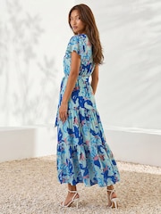 Roman Blue Floral Tiered Tie Waist Midi Dress - Image 3 of 4