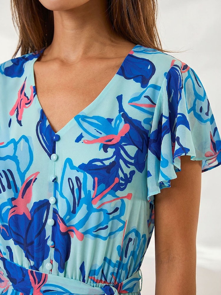 Roman Blue Floral Tiered Tie Waist Midi Dress - Image 4 of 4 Roman Blue Floral Tiered Tie Waist Midi Dress - Image 4 of 4