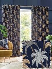 Wylder Navy Blue Galapagos Tropical Jacquard Eyelet Curtains - Image 1 of 5