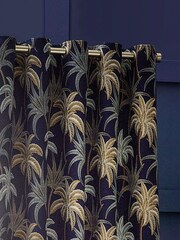 Wylder Navy Blue Galapagos Tropical Jacquard Eyelet Curtains - Image 2 of 5