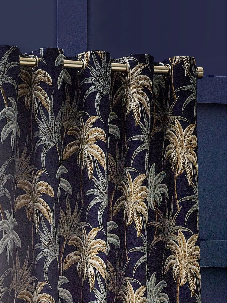 Wylder Navy Blue Galapagos Tropical Jacquard Eyelet Curtains - Image 2 of 5